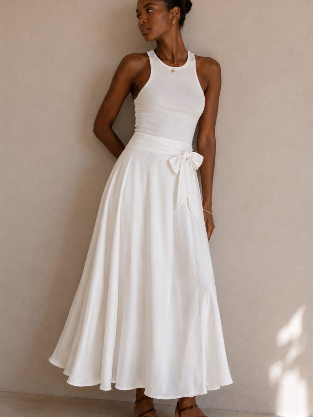 White A-Line Maxi Skirt Women Medium Tie Waist Flowy Formal